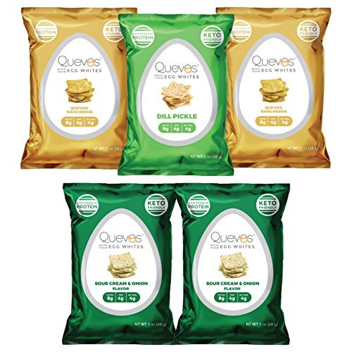  Quevos Keto Low Carb Egg White Chips Variety Pack - Sour Cream & Onion, Rancheros, Pickle, Honey Mustard - Keto Snacks, Gluten Free Snacks, High Protein - 1 oz Bags (Pack of 5)