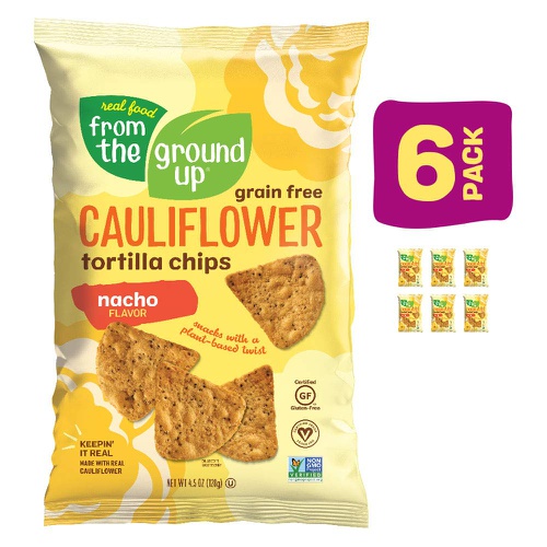 REAL FOOD FROM THE GROUND UP Cauliflower Tortilla Chips - 6Count, 4.5 Oz Bags (Nacho), Yellow