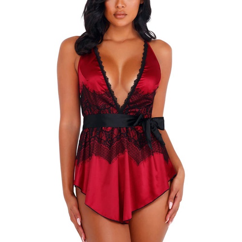  Roma Confidential Satin & Lace Babydoll Romper_RED/ BLACK