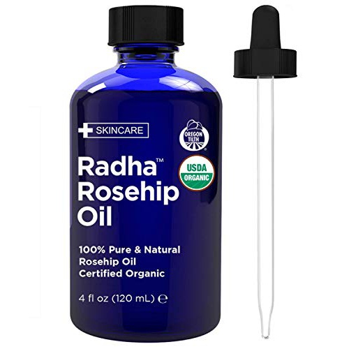  Radha Beauty Rosehip Oil USDA Certified Organic, 4 oz. - 100% Pure & Cold Pressed. All Natural Anti-Aging Moisturizing Treatment for Face, Hair, Skin & Nails, Acne Scars, Wrinkles,