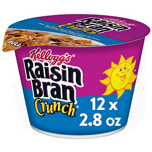 Kelloggs Raisin Bran Crunch Cereal in a Cup - High Fiber Breakfast, Non-Perishable Cereal Cups (Pack of 12, 2.8 oz Cups)