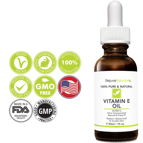  RejuveNaturals Vitamin E Oil - 100% Pure & Natural, 42,900 IU. Visibly Reduce the Look of Scars, Stretch Marks, Dark Spots & Wrinkles for Moisturized & Youthful Skin. d-alpha tocopherol (1 Fl. Oz