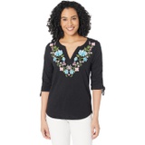 Roper Cotton Slub Jersey Knit Split V-Neck Top with Crewel Embroidery on Sleeves