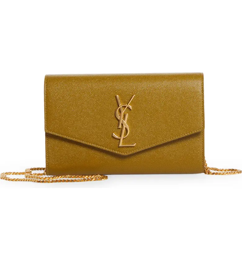 Saint Laurent Uptown Pebbled Calfskin Leather Wallet on a Chain_OLIVE DRAB