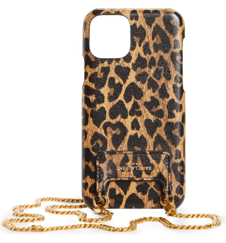 Saint Laurent Leopard Heart Print iPhone 11 Pro Leather Case on a Chain_TOFFEE/M.NATURALE