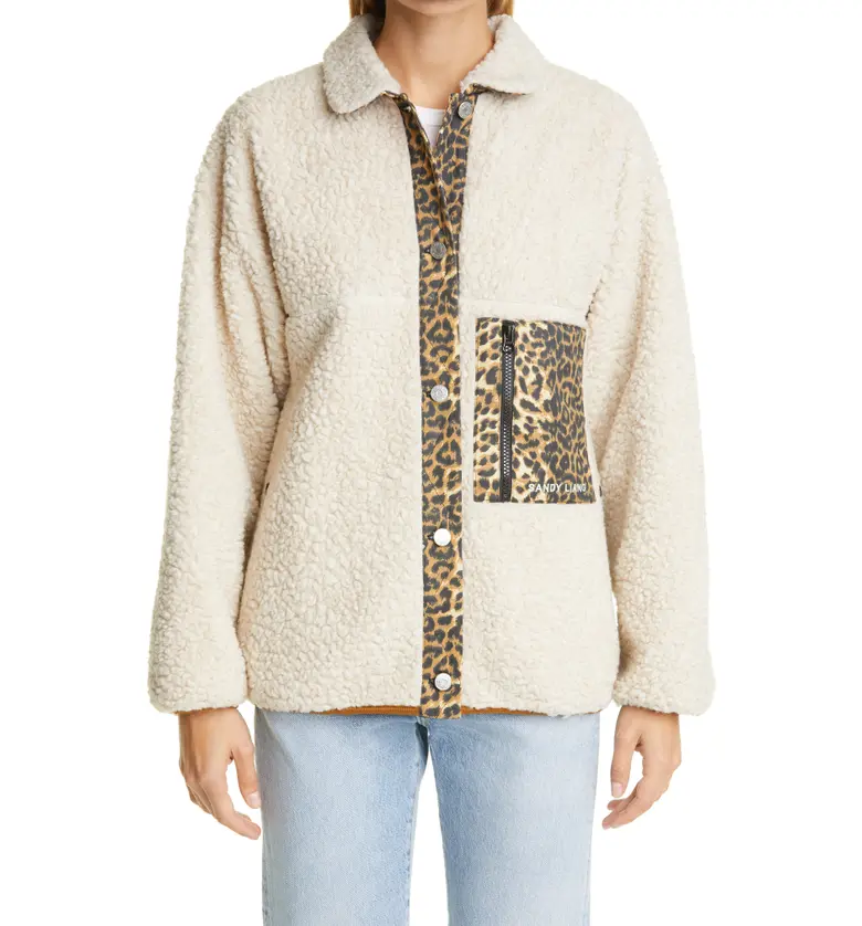 Sandy Liang Checkers Leopard Trim Fleece Jacket_CREAM