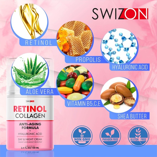  SWIZON Anti-Wrinkle Retinol Cream for Face - Firming and Lifting Effect - Anti-Aging Face Moisturizer for Women and Men - Day and Night Neck, Double Chin, and Face Cream with Hyaluronic A