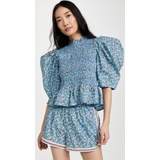 Sea Lilly Print Puff Sleeve Smocked Top
