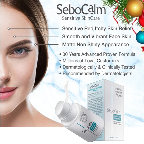  SeboCalm Redness Relief Face Moisturizer - Vegan Hypoallergenic Soothing Rosacea or Acne Prone Anti Itch Skin Care Cream for Facial Sensitive Oily and Combination Skin
