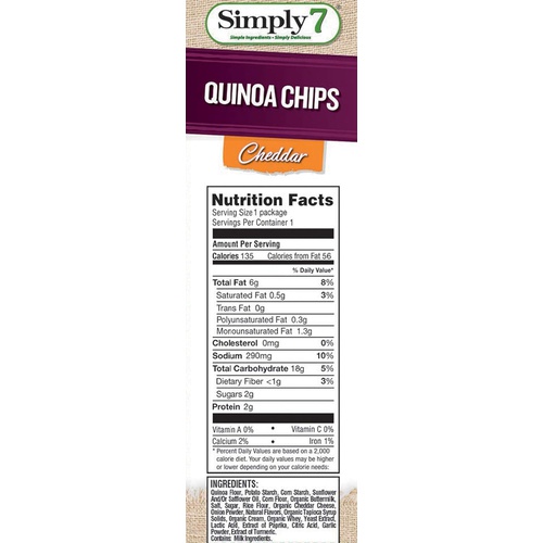  Simply 7 Quinoa Chips - Non-GMO, Gluten Free, Kosher, Nut Free, Vegetarian, Plant-Based, Cholesterol Free - 9 Amino Acids - Cheddar, 0.8 Ounce Bag (Pack of 24)