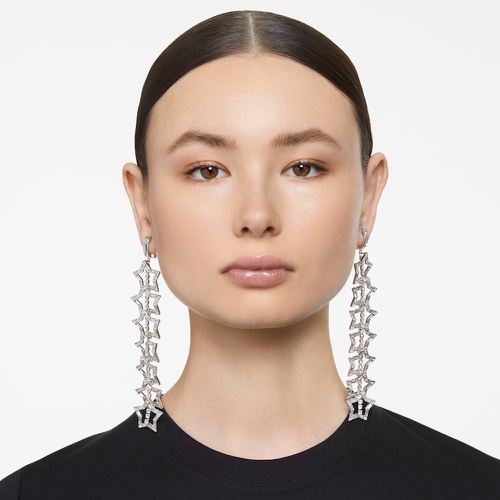스와로브스키 Swarovski Stella clip earrings, Star, Long, White, Rhodium plated