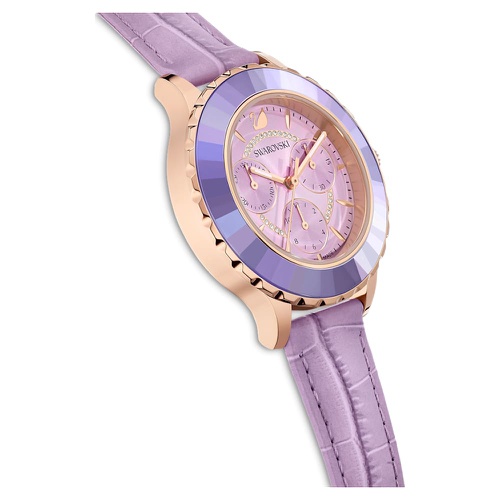 스와로브스키 Swarovski Octea Lux Chrono watch, Swiss Made, Leather strap, Purple, Rose gold-tone finish