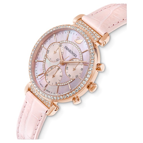 스와로브스키 Swarovski Passage Chrono watch, Swiss Made, Leather strap, Pink, Rose gold-tone finish