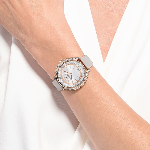 스와로브스키 Swarovski Crystalline Aura watch, Swiss Made, Leather strap, Gray, Rose gold-tone finish