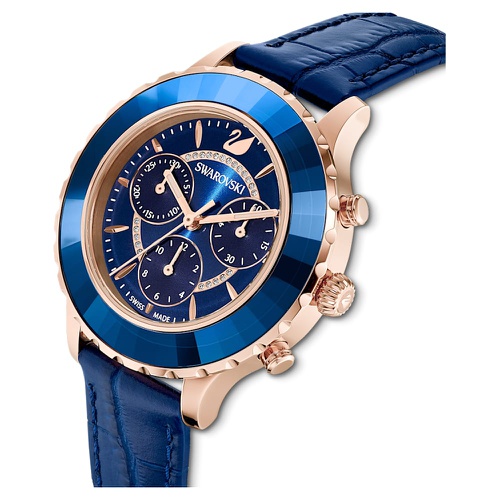 스와로브스키 Swarovski Octea Lux Chrono watch, Swiss Made, Leather strap, Blue, Rose gold-tone finish