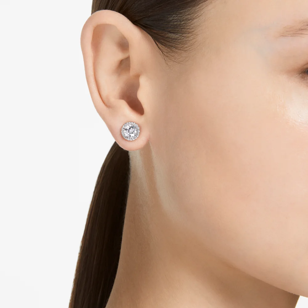 Swarovski Constella stud earrings, Round cut, Pave, White, Rhodium plated