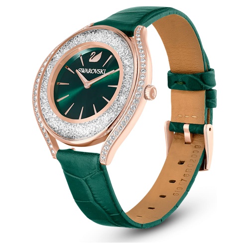 스와로브스키 Swarovski Crystalline Aura watch, Swiss Made, Leather strap, Green, Rose gold-tone finish