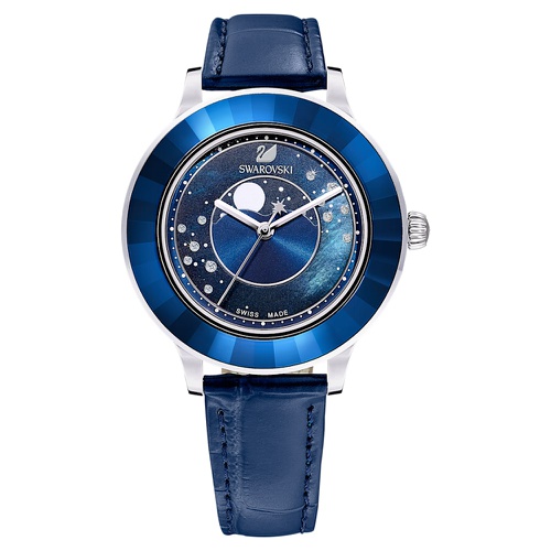 스와로브스키 Swarovski Octea Lux watch, Swiss Made, Moon, Leather strap, Blue, Stainless steel