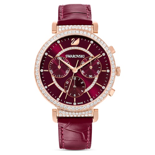 스와로브스키 Swarovski Passage Chrono watch, Swiss Made, Leather strap, Red, Rose gold-tone finish