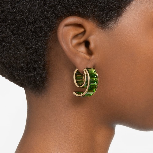 스와로브스키 Swarovski Matrix hoop earrings, Baguette cut, Green, Gold-tone plated