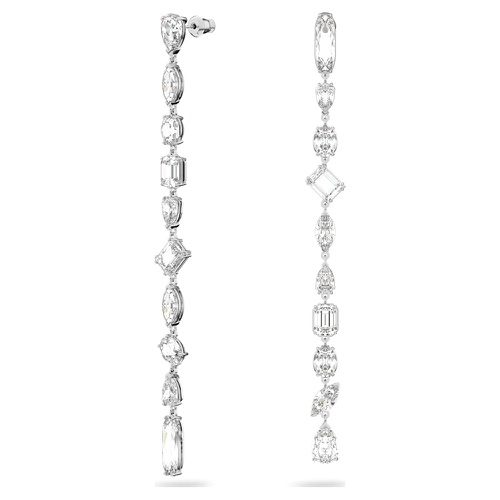 스와로브스키 Swarovski Gema drop earrings, Asymmetrical design, Mixed cuts, Extra long, White, Rhodium plated
