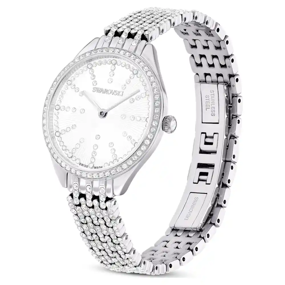 스와로브스키 Swarovski Attract watch, Swiss Made, Full pave, Metal bracelet, Silver tone, Stainless steel