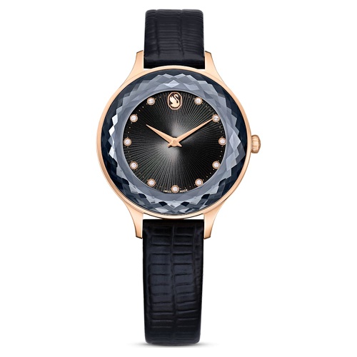 스와로브스키 Swarovski Octea Nova watch, Swiss Made, Leather strap, Black, Rose gold-tone finish