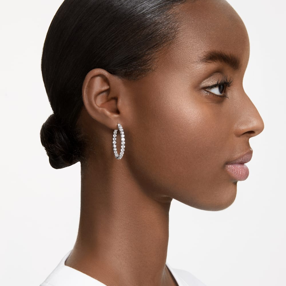 Swarovski Matrix hoop earrings, Round cut, White, Rhodium plated