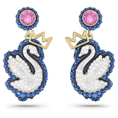 스와로브스키 Swarovski Pop Swan drop earrings, Swan, Blue, Gold-tone plated