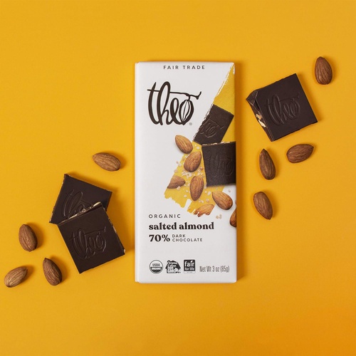  Theo Chocolate Salted Almond Organic Dark Chocolate Bar, 70% Cacao, 6 Pack | Vegan Chocolate, Fair Trade