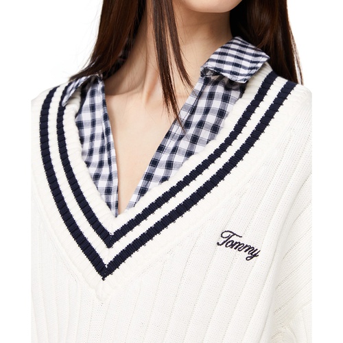 타미힐피거 Womens Script Logo V-Neck Ribbed Cotton Sweater