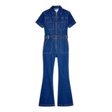 STRETCH DENIM FLARED BOILER SUIT WITH BUCKLE