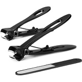 Nail Clippers with File for Thick Nails, Terresa Wide Jaw Big Toenail Clippers Fingernail Clippers, 3 Pcs Stainless Steel Nail Cutter for Men, Seniors, Women (Black)