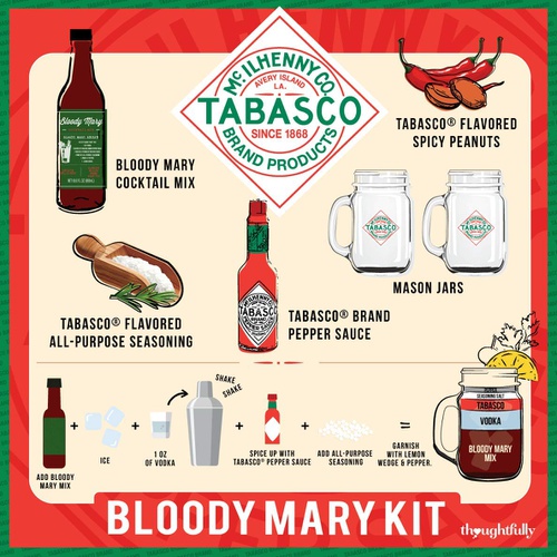  Thoughtfully Gifts, Tabasco Bloody Mary Gift Set, Includes Bloody Mary Cocktail Mix, Tabasco Pepper Sauce, Tabasco All-Purpose Seasoning, Spicy Peanuts and 2 Mason Jars (Contains N