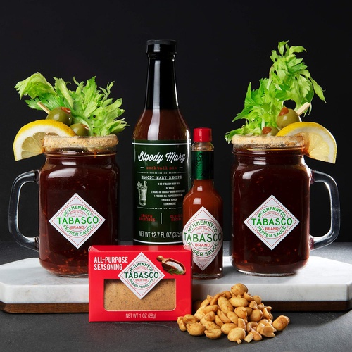  Thoughtfully Gifts, Tabasco Bloody Mary Gift Set, Includes Bloody Mary Cocktail Mix, Tabasco Pepper Sauce, Tabasco All-Purpose Seasoning, Spicy Peanuts and 2 Mason Jars (Contains N