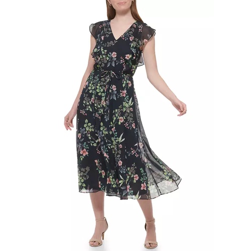 타미힐피거 Womens Short Cap Sleeve Floral Printed Ruffle Midi Dress