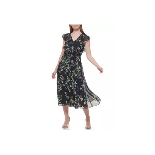 타미힐피거 Womens Short Cap Sleeve Floral Printed Ruffle Midi Dress