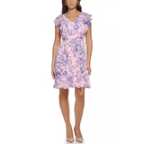 Womens Flutter Sleeve V-Neck Floral Chiffon Fit and Flare Dress