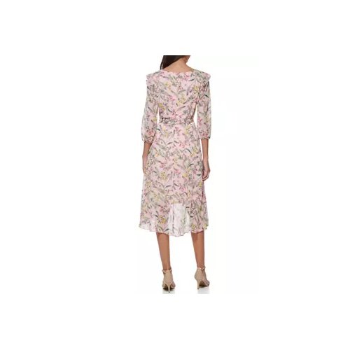 타미힐피거 Womens 3/4 Sleeve Surplice Floral Chiffon Wrap Dress