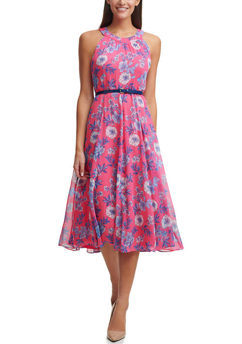 Womens Sleeveless Halter Neck Lace Waist Floral Printed Fit and Flare Dress