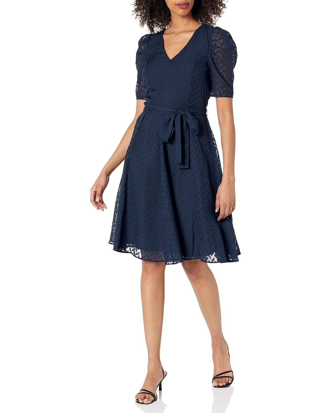 타미힐피거 Tommy Hilfiger Abstract Zigzag Pleated Sleeve Fit-and-Flare Dress