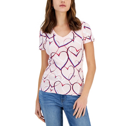 타미힐피거 Womens Heart Print V-Neck Top