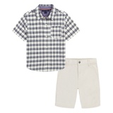Toddler Boys Prewashed Plaid Short Sleeve Shirt and Twill Shorts 2 Piece Set