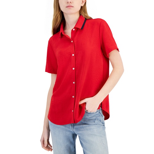 타미힐피거 Womens Ribbed-Collar Short-Sleeve Shirt