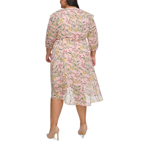 타미힐피거 Plus Size Floral Chiffon 3/4-Sleeve Midi Dress
