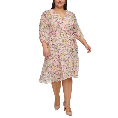 타미힐피거 Plus Size Floral Chiffon 3/4-Sleeve Midi Dress