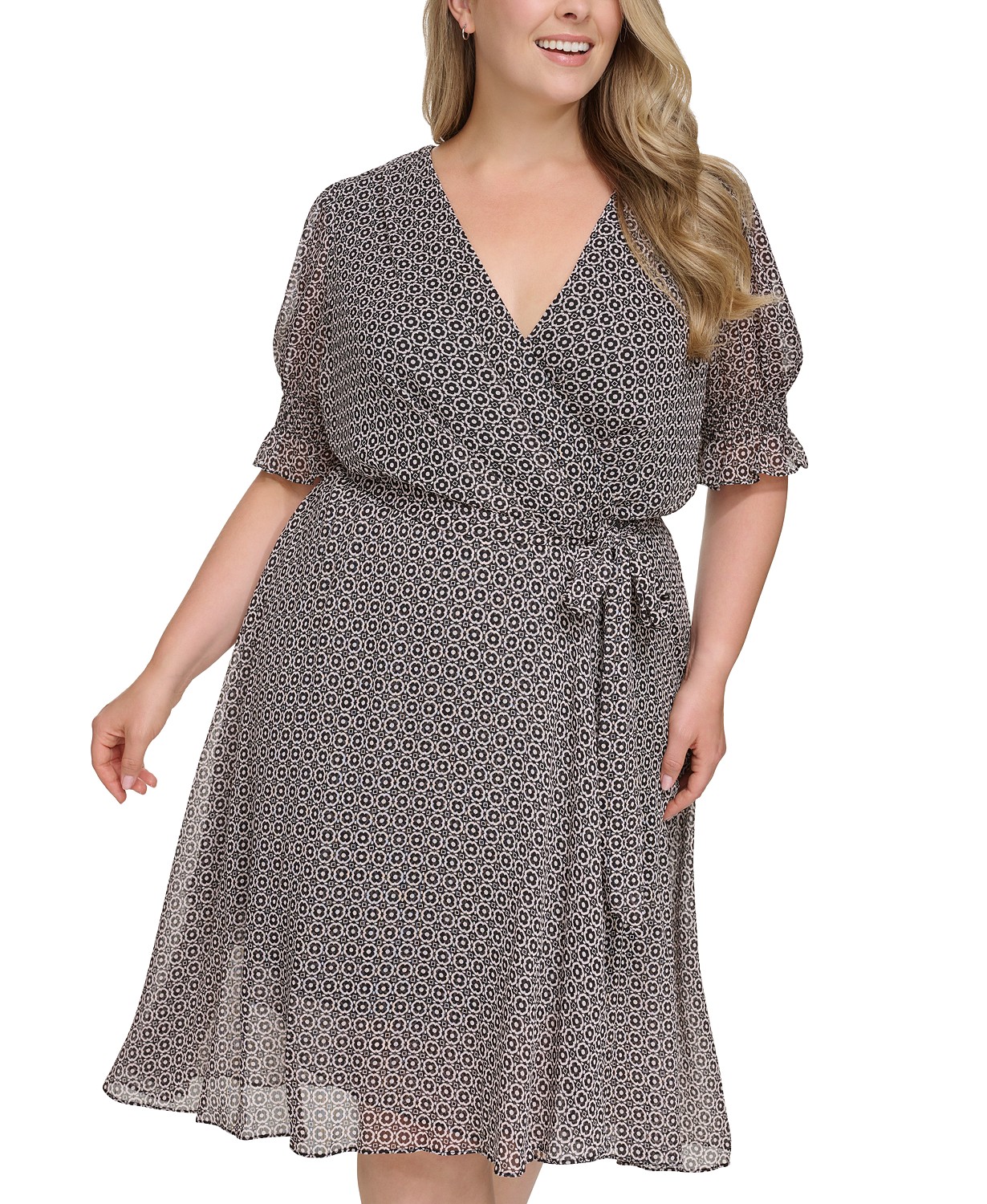 타미힐피거 Plus Size Printed Smocked-Sleeve Midi Dress