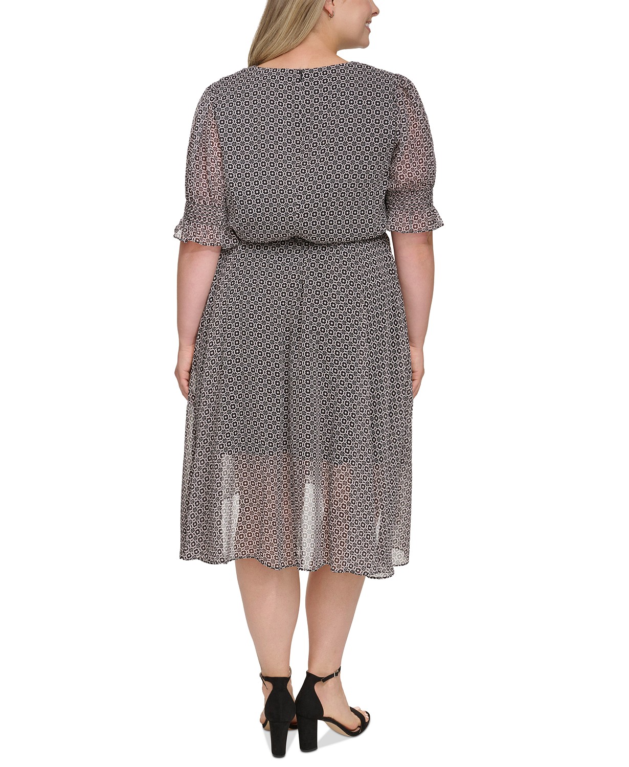 타미힐피거 Plus Size Printed Smocked-Sleeve Midi Dress
