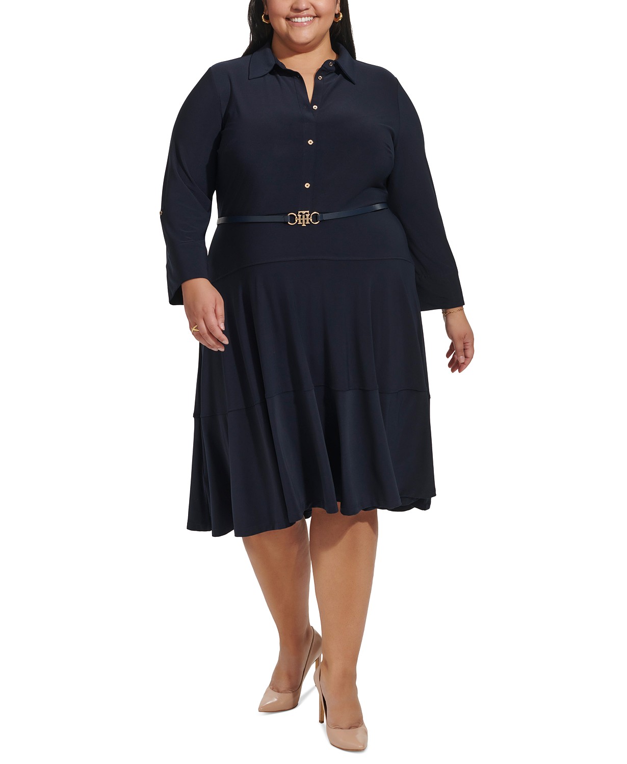 Plus Size 3/4-Sleeve Belted Midi Dress