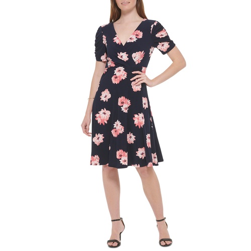 타미힐피거 Petite Floral-Print Ruched-Sleeve Dress